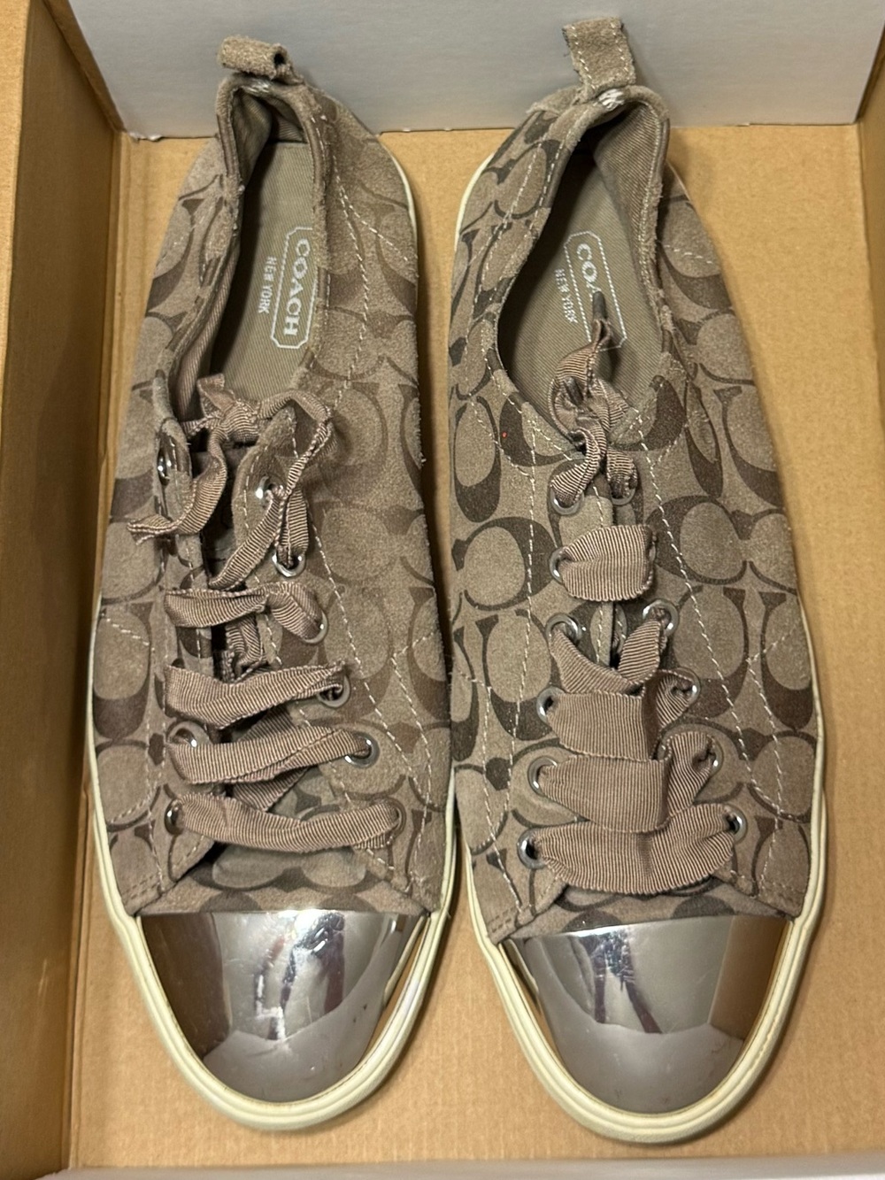 Coach Makayla Taupe Signature Canvas and suede Sneakers with Metal toes size 9.5